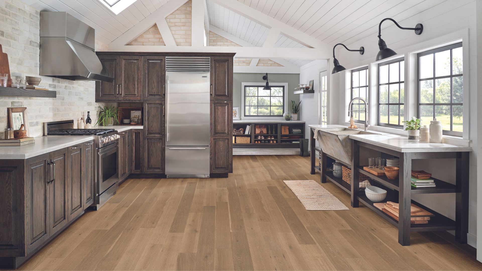 Luxury vinyl flooring in a rustic style kitchen.